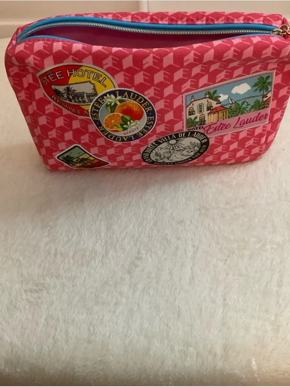 Estee Lauder Pink Cosmetic Travel Pouch with Blue Zip